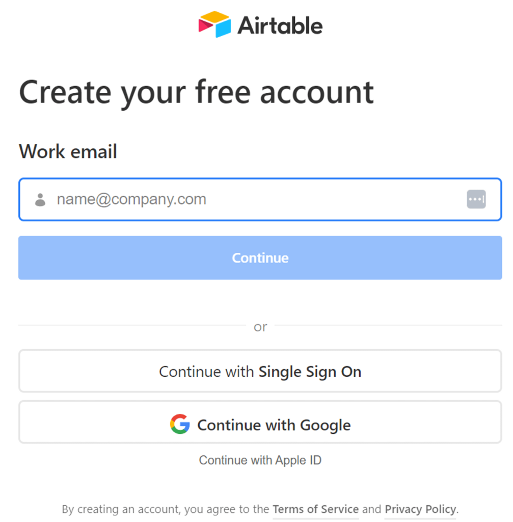 criando uma conta gratuita na Airtable